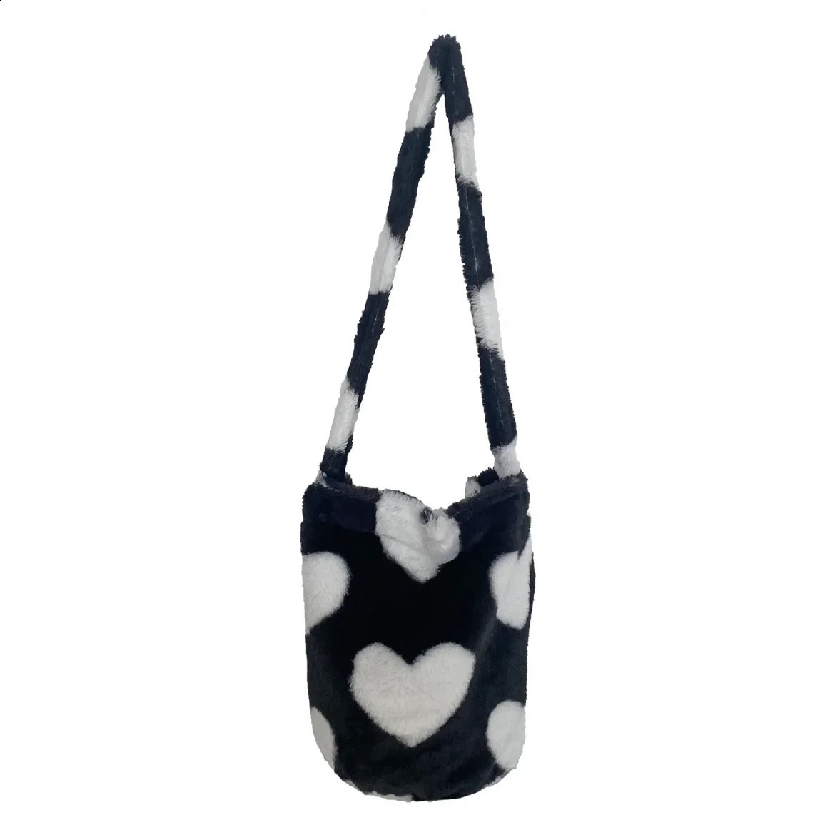 Contrast Color Love heart-shaped womens bucket shoulder bag winter fashion plush womens cross body bag leopard print womens handbag 241105