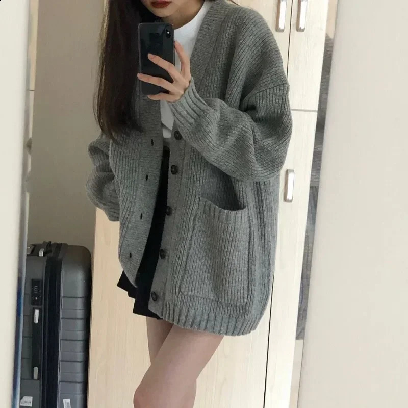 Autumn Winter Thick Warm Cardigan Korean Lazy Wind Soft Sweater Coats Woman Solid Color Oversized Cardigans Female 241105
