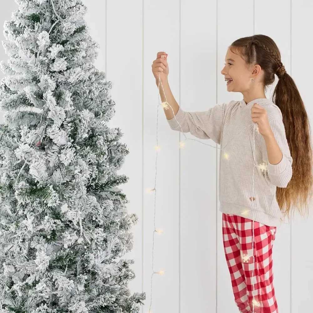 Flocked Pencil Christmas Tree Pre-Lit Slim Artificial Holiday Decoration Lighted Skinny Snowy AppearaXJ241026