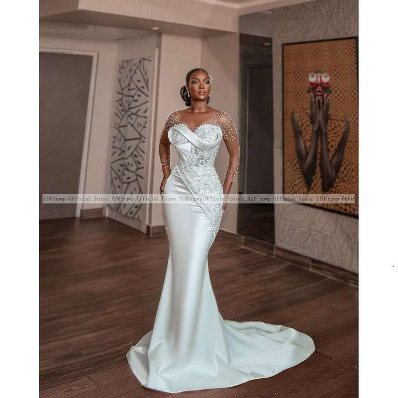 Satin Mermaid African Wedding Dresses For Bride Sheer Neck Long Sleeve Appliques Beading Garden Country Women Civil Bridal Gowns