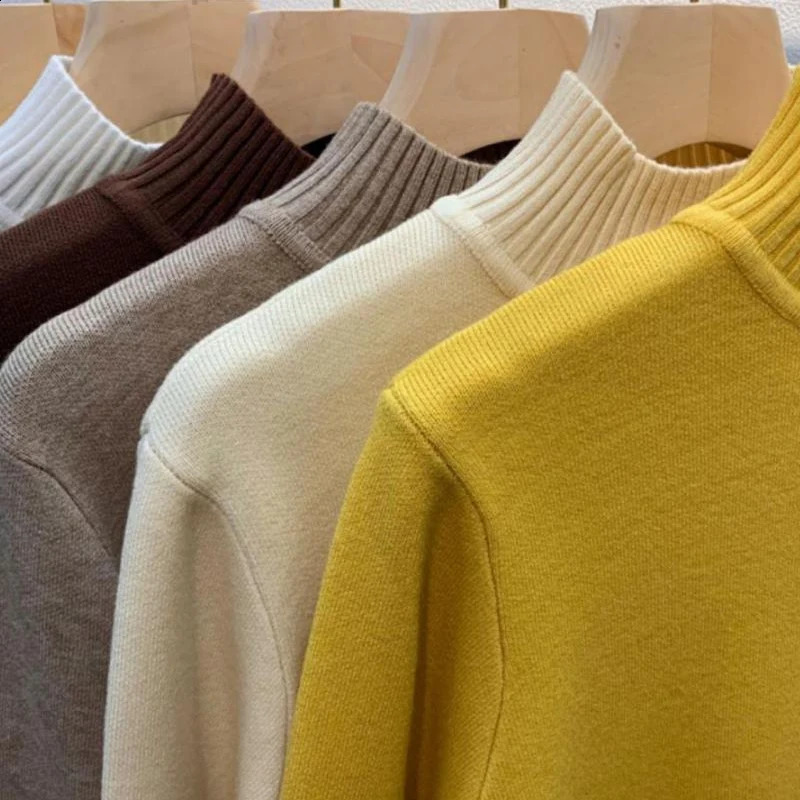 Turtleneck Solid Sweater Women Fashion Stretch Tops Knitted Pullovers Long Sleeve Bottoming Knitted Simple Chic Clothes 241105