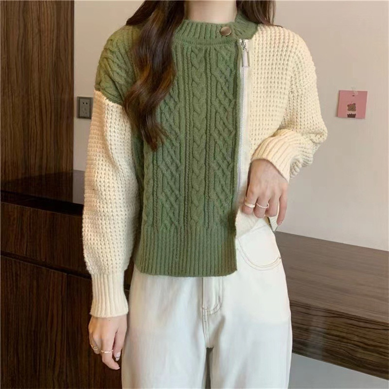 Lazy Style High End Zipper Knitted Sweater Women S Coat Autumn And Winter Short Design Sense Splicing Anti Aging Top F1105#40