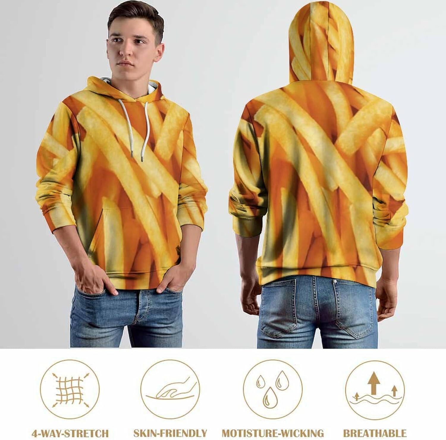 Hoodie for Mens Womens Frying French Fries Hoodies for Men 3D Print Pullover Hooded Drawstring Loose Sweatshirt with Big Pockets Graphic French fries