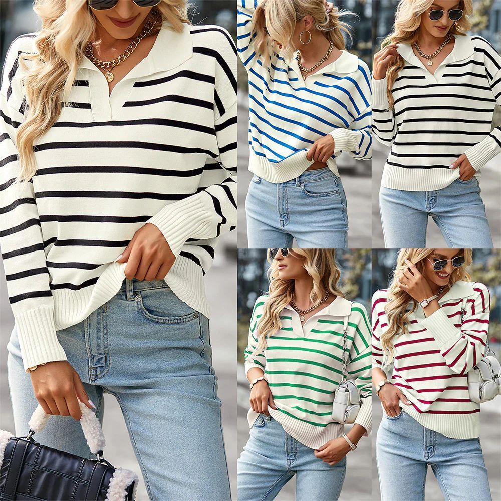 New Style Women's Casual Collar Striped Knitted Sweater Autumn Fashion Casual Loose Thick Harajuku Streetwear Knitwear