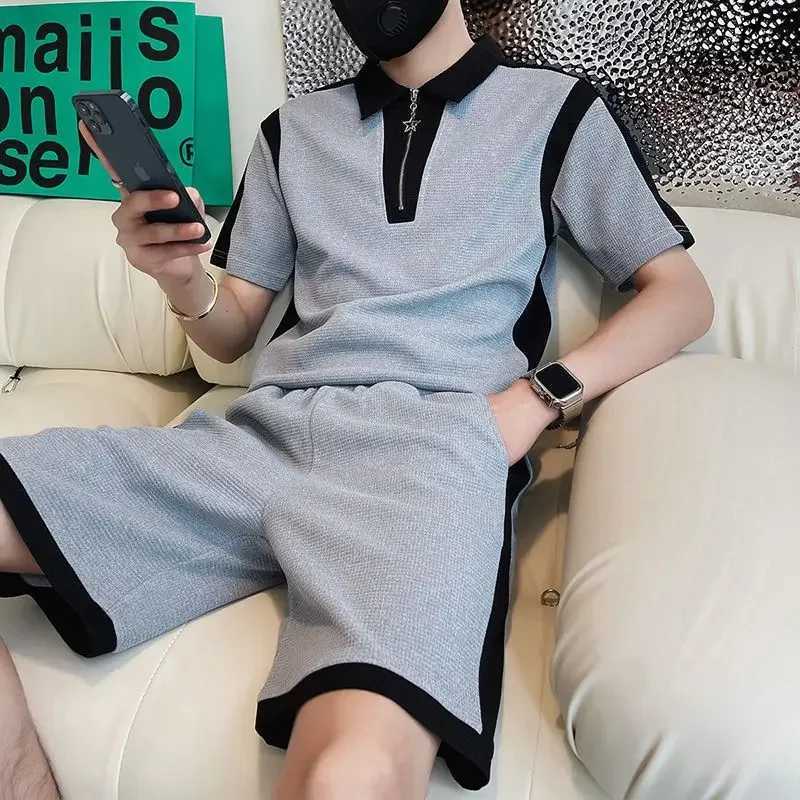Plain weave mens T-shirt and shorts set Korean top elastic sportswear high quality new matching cool and loose mens clothing W241104