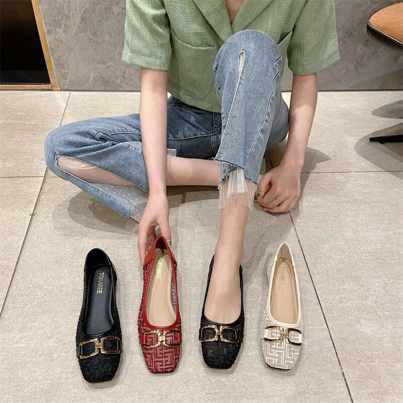 2023 Summer Style Square Head Shallow Mouth Hollow Mesh Breathable Scoop Flat Single For Women, Soft Bottom Comfortable Work Shoes