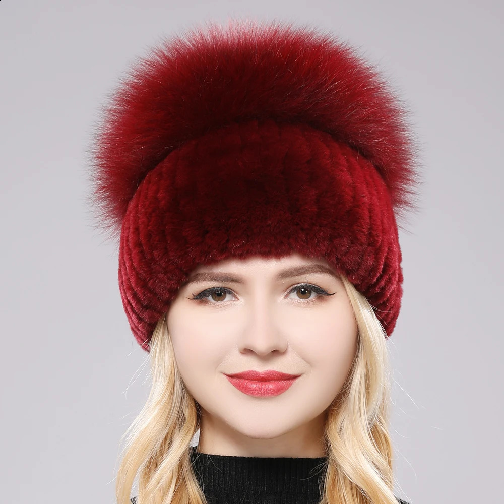 Females Hat Good Elastic Natural Fluffy Real Fox Fur Winter Women Knitted Rex Rabbit Hats Lady Cap 241105