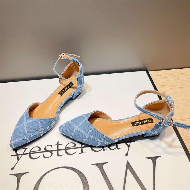 French Style Single Button Women's Korean Version Spring And Summer New Denim Pointed Hollow Thick Heel Fashion Sandals