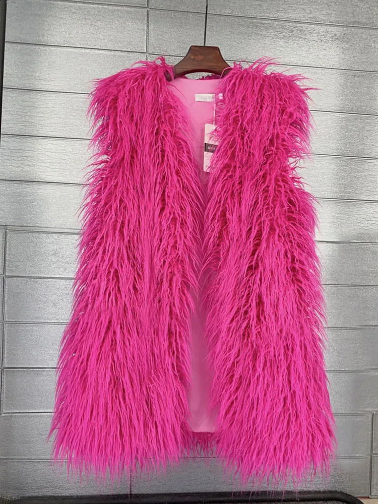 ZADORIN Fashion Winter 75cm Long Fluffy Faux Fur Vest Women Colorful Faux Mongolia Sheep Fur Gilet Fur Jackets Women Coats 241105