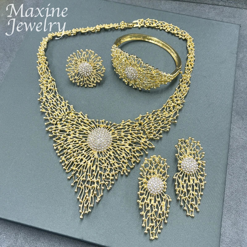 Original 18K Gold Plated Jewelry Set for Women Trendy Golden Necklace Earring Bracelet Ring Party Dubai Wedding Gifts 241105