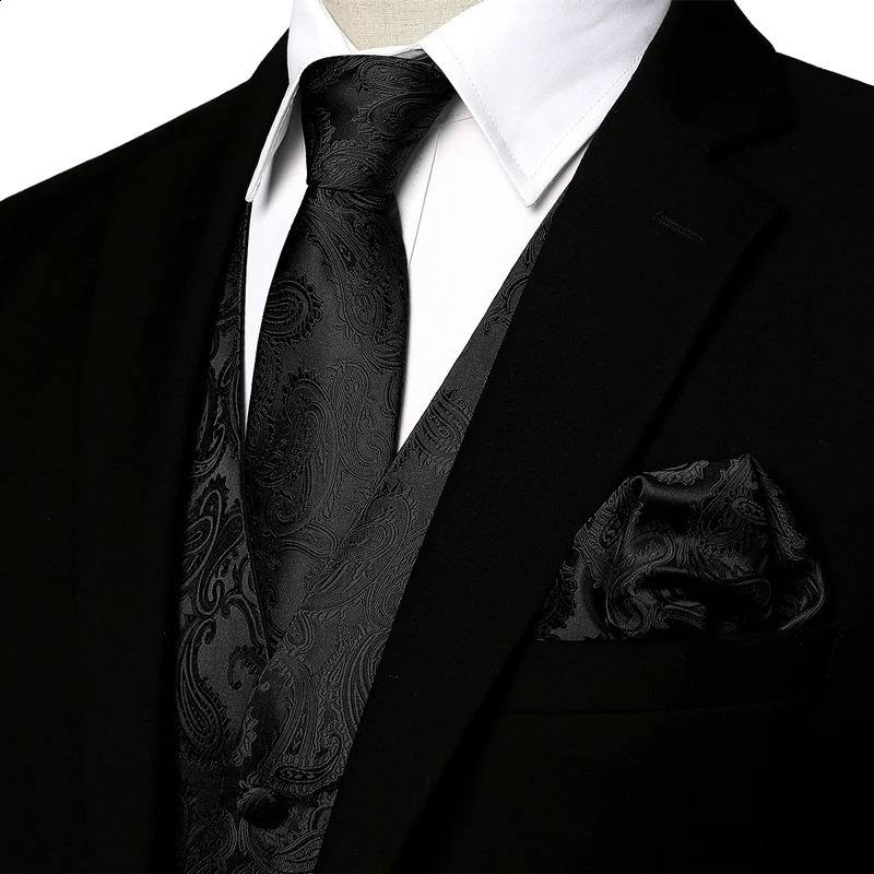 Mens Black Paisley Tuxedo Suit Vest Classic 3pc and Necktie Pocket Square Formal Dress Waistcoat for Gilet Homme 3XL 241105