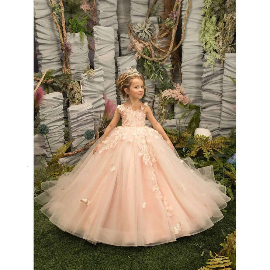Lace Dree Pink Prince Gorgeou A E Sheer Neck D Butterfly Wer Long Girl Pageant Gown Kid Toddler Communion Birthday Dre Bc S