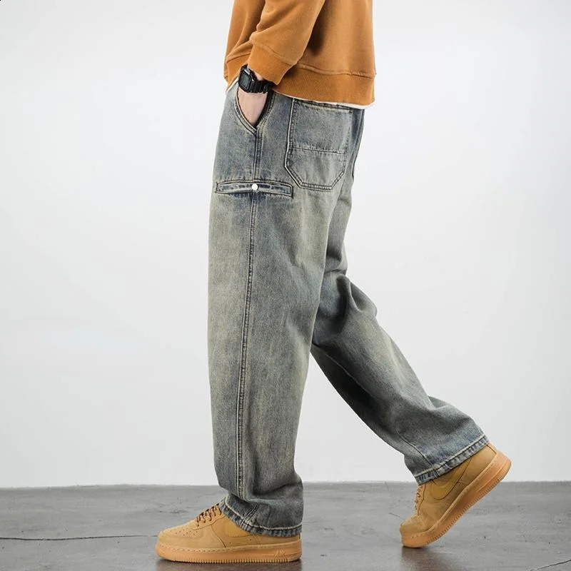 Stretch Mens Jeans Washed Motorcycle Trousers Vintage Man Cowboy Pants Punk Loose Straight Retro Baggy ner Casual Goth Xs 241105
