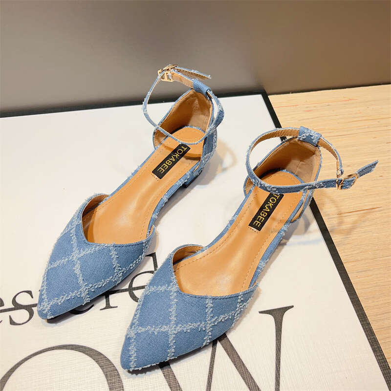 French Style Single Button Women's Korean Version Spring And Summer New Denim Pointed Hollow Thick Heel Fashion Sandals