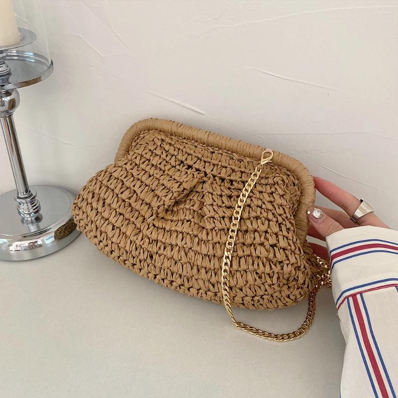 2025 NEW Bag Women Straw Crossbody Large Capacity Clutch Purse Solid Color Cloud Dumpg Pouch Chain Strap For Summer Vacation zhanyishengli