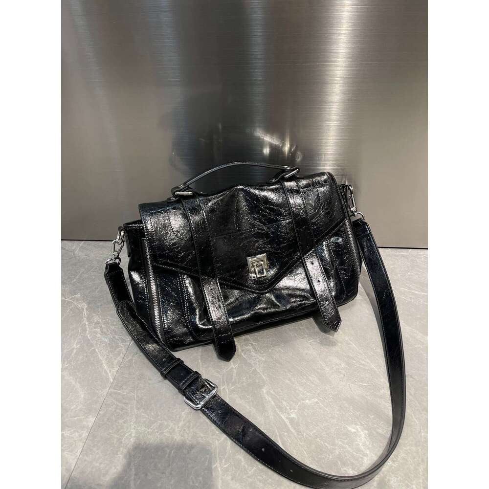 Classic Vintage Dark Motorcycle Style Bright Oil Wax Cowhide Handheld Messenger Bag Female Shoulder Crossbody Purse