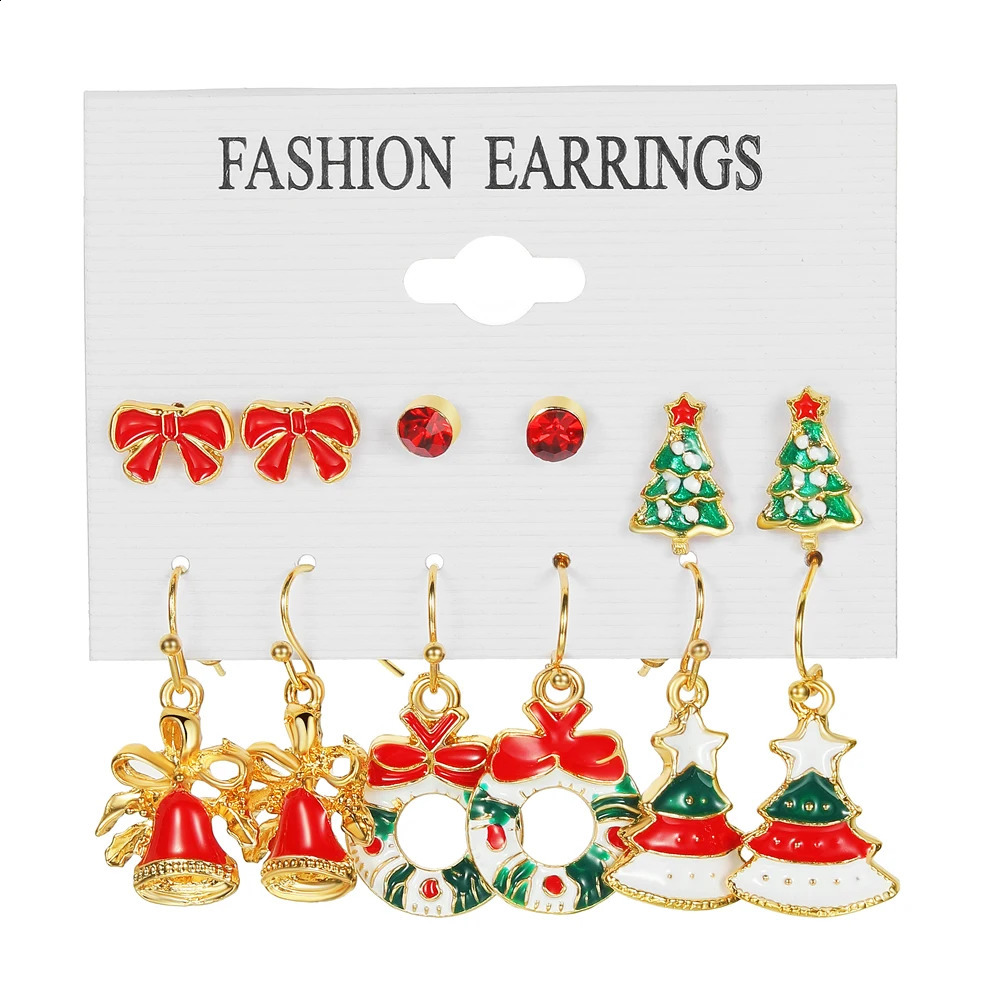 6 pairs n Trendy Xmas Tree Brown Elk Snowman Santa Claus Earrings Christmas Gifts For Women 241105
