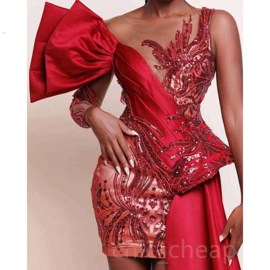 Arabic Ebi Red Aso Sheath Prom Dresses Short Sequined Lace Sexy Evening Formal Party Second Reception Birthday Engagement Bridesmaid Gowns Dress ZJ