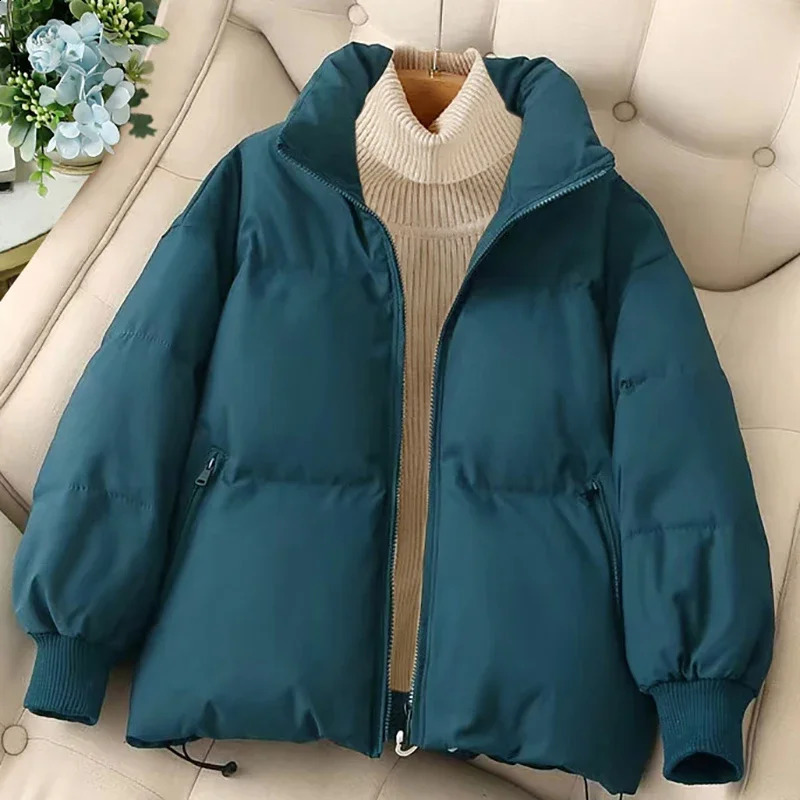 EVNISI Women Solid Loose Zipper Coat Long Sleeve Pocket Casual Down Coat Winter Thermal Thickened Fall Cotton-padded Jacket 241105