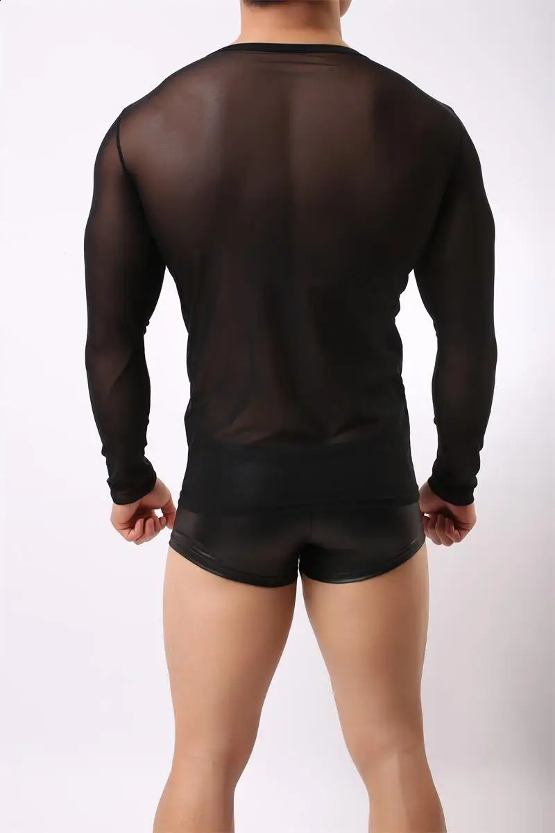 CLEVERMENMODE Mens Sexy TShirts Mesh Tee Shirt Undershirt Homme Long Sleeves Men T Shirts Male Transparent See through 241105