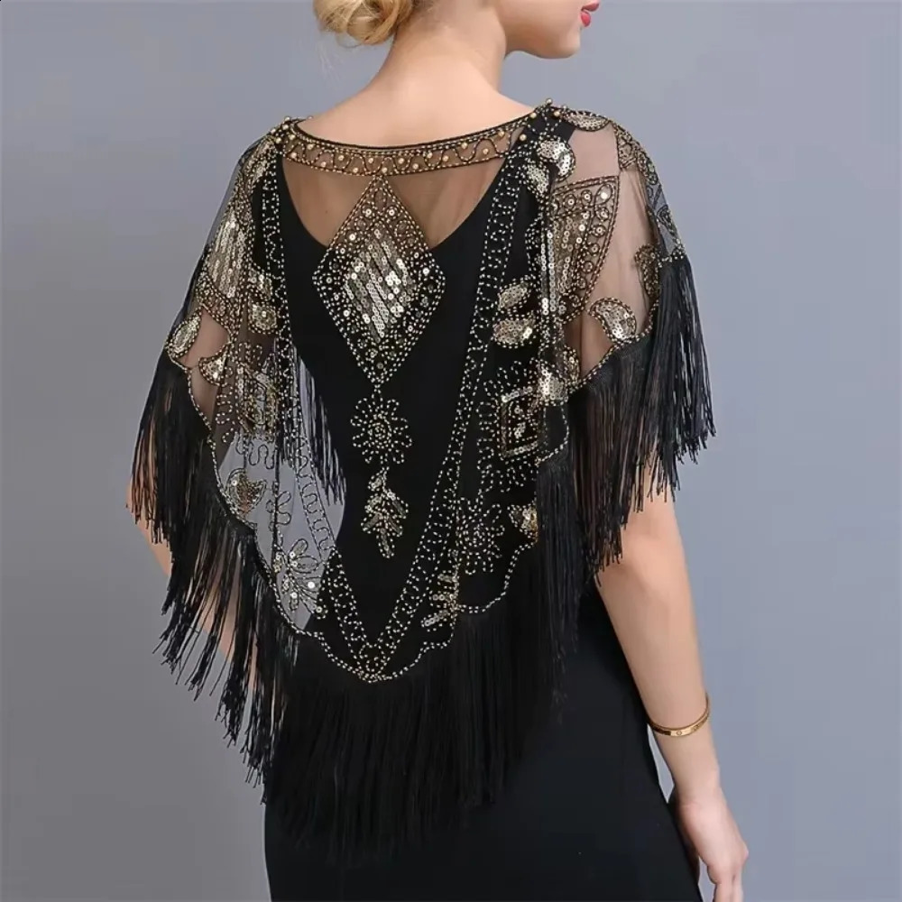 Summer Sequins Tassels Poncho Women Coat Party Outfits Cape Mesh Jacket Ladies Cloak Shawls Casaco Outerwear Wraps Woman Clothes 241105