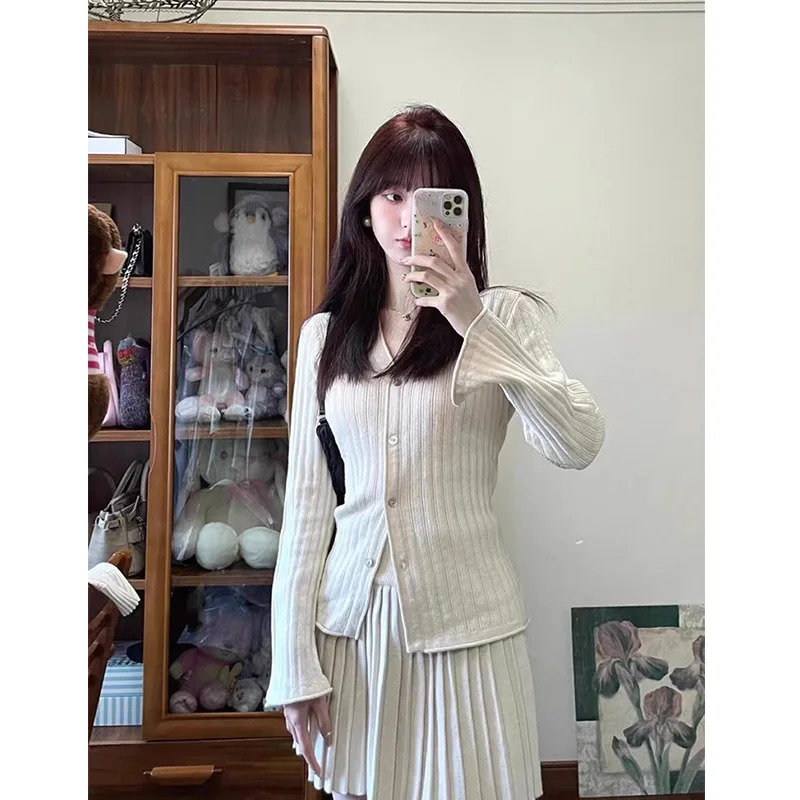 Autumn Women Korean Fashion Girls Sweet Slim Knit Cardigan Y2k Tops Elastic Waist Mini Pleated Skirt 2Pcs Matching Set