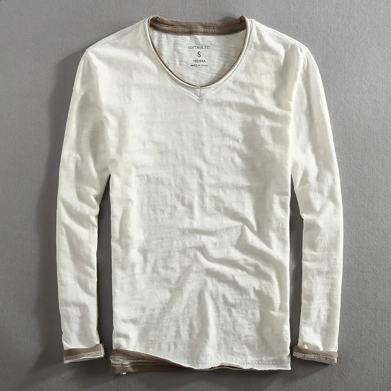 Mens Long Sleeve T-shirt Cotton V-neck Solid Casual Tops Tees for Men Japanese Vintage Frayed Collar and Raw Edges Tshirt 241105