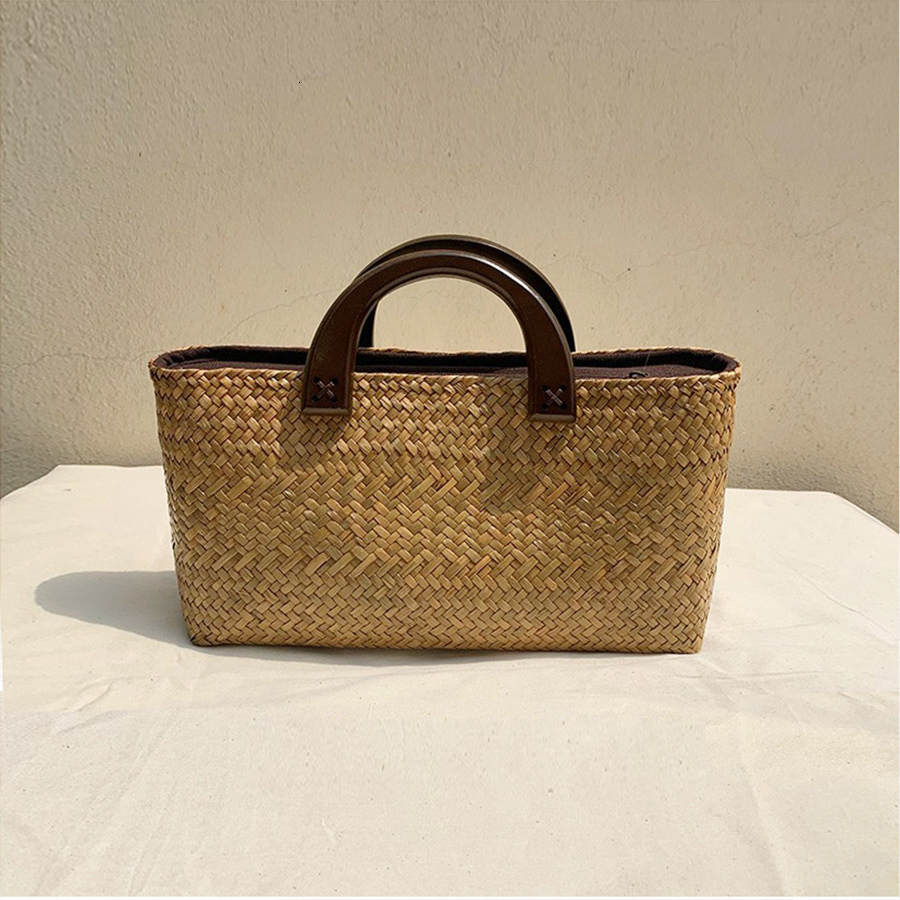 Exquisite Braided Straw Summer Beach Totes Wooden Handle Rattan Travel Bag Woven Clutch Purse And Handbags Bolsas