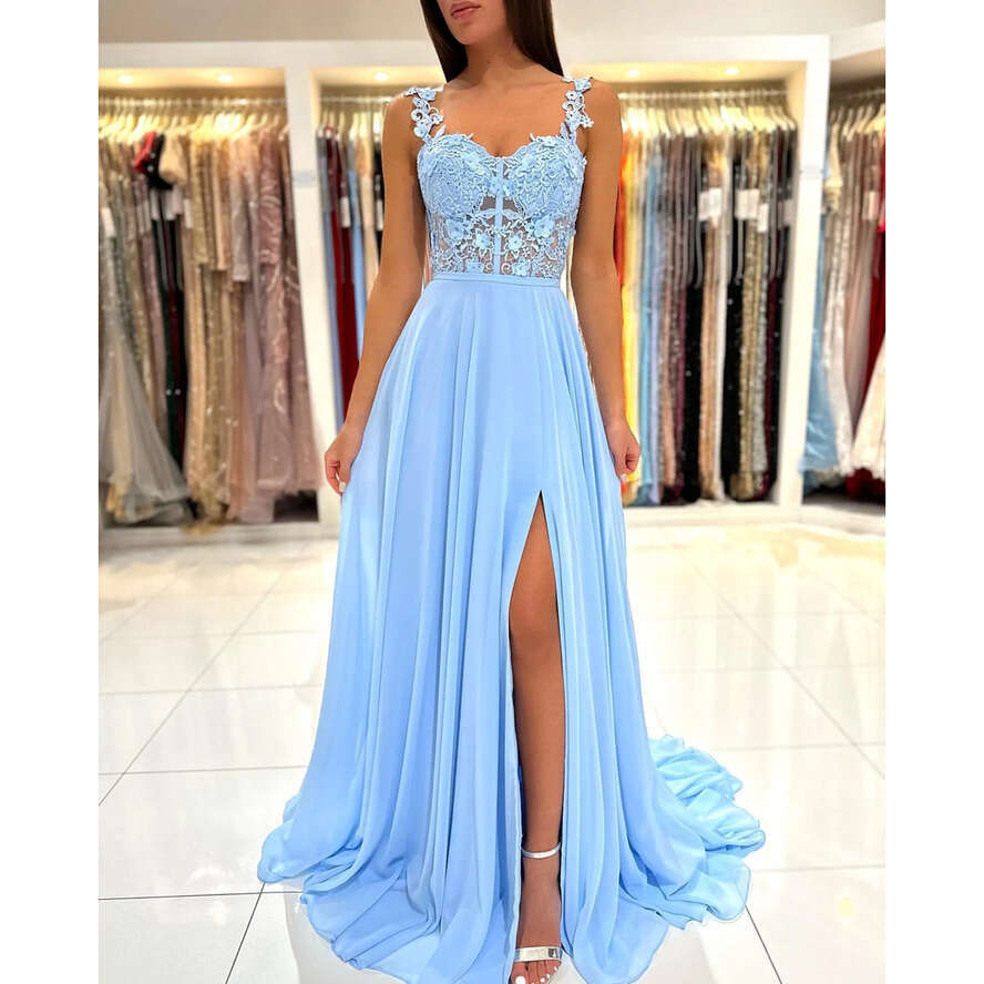 Baby Blue A E Prom Bridesmaids Dress Lace Straps Party Gowns Thigh Split Pleats Chiffon Bridesmaid Dresses For Special Ocns