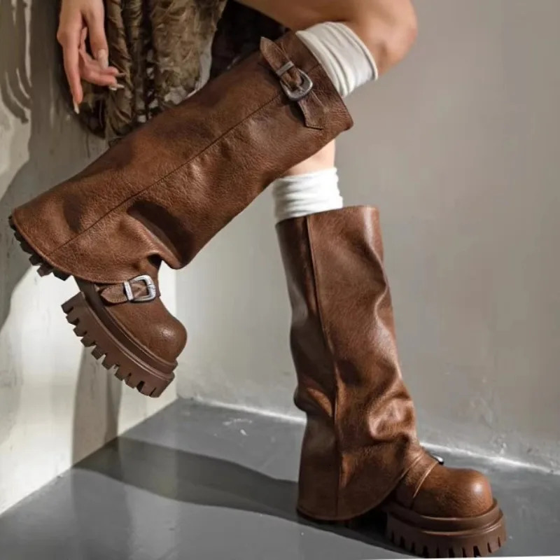 2024 Brand Ladies Shoes Slip-on Women's Boots Fashion Belt Buckle Modern Boots Women Winter Round Toe Platform Knee-High Boots
