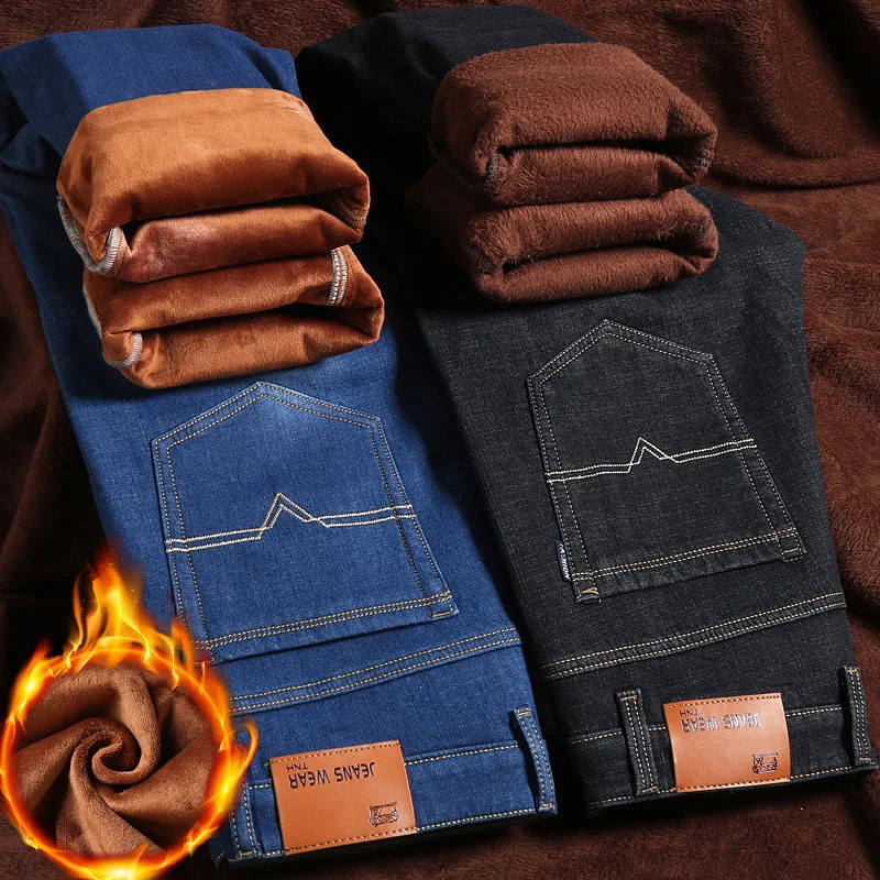 2024 Winter Casual Mens Warm Fleece Jeans Classic Style Business Thicken Fur Regular Fit Denim Pants Plush Trousers 241105