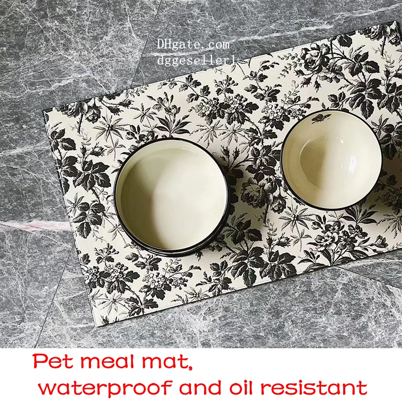Designer Dog Bowls and Mat Set, Retro Modern Aesthetic flower Ceramic Pets bowl with Non-Skid Waterproof PU Leather Mat, Dog Food Water Bowls for Smal