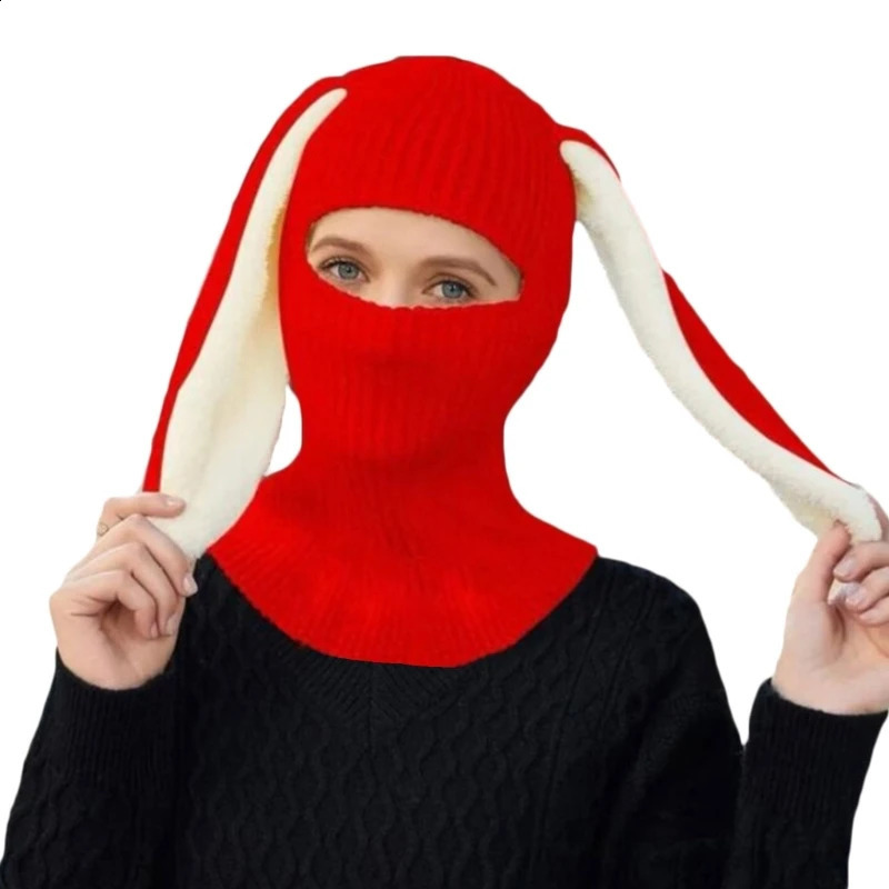 Halloween Knitted Balaclava Long Bunny Ears Hat For Women Winter Warm Rabbit Hats Crochet Ski Mask Drop 241105