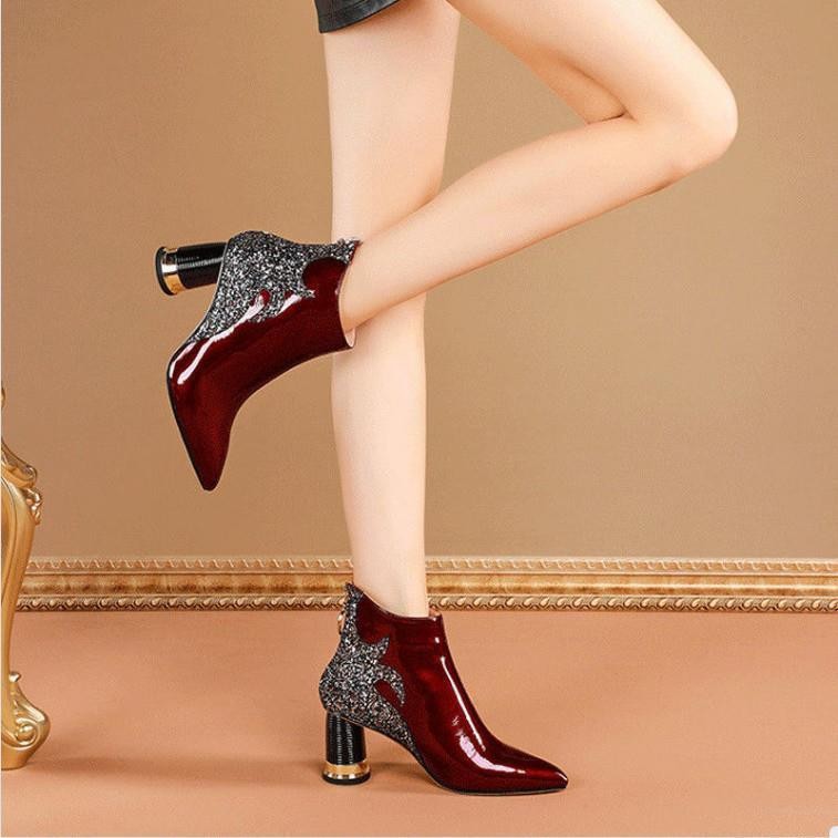 Autumn Winter Pointed Shiny Retro Embroidered Thick Heel Boots Size34-43.