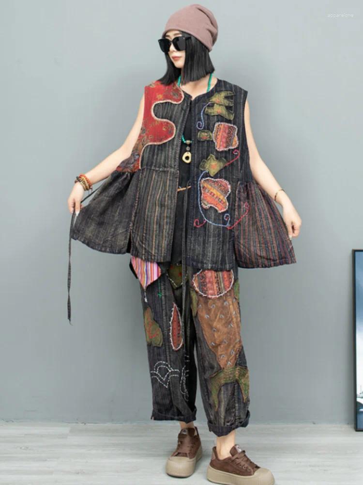 Womens Two Piece Pants LYUZHE 2024 Fall Vintage Embroidery Patch Designs Women Matching Sets O-neck Vest And Wide-leg Pant Old Cloth Suit