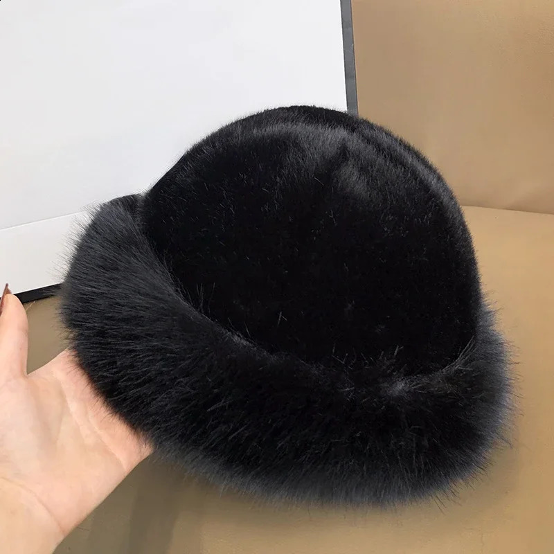 y Faux Mink Fur Bucket Hat for Women Ins Winter Fluffy Plush Warm Fisherman High Quality Thicken Beanies 241105
