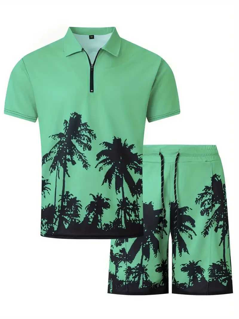 Mens 3D printed coconut Tr pattern zipper shirt+shorts 2-piece neutral fashion casual simple matching style clothing W241104