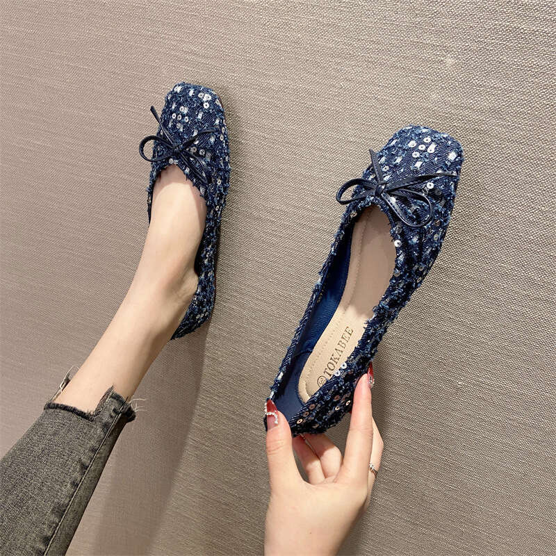 Xiaoxiangfeng French Soft Sole Single Shoe For Women's Spring And Summer Fashion, Crystal Sequin Fabric Versatile Butterfly Bow Flat Bottomed Sco