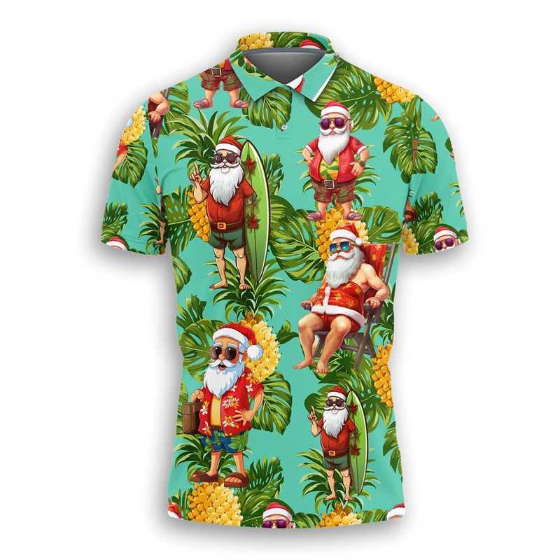 Tropical Merry Christmas 3D Printed Beach Shirt Cute Cartoon Santa Claus Mens T-shirt Childrens Christmas Top W241104