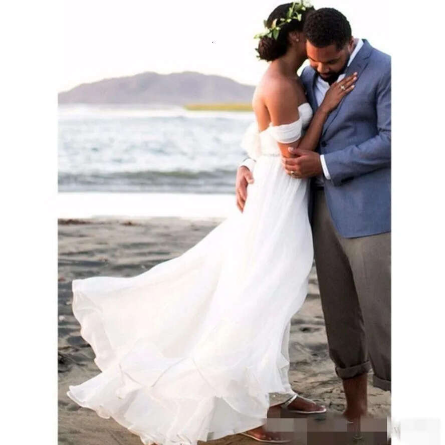 Beach Dresses Elegant A E Off The Shoulder Crystals Beaded Waist Pleats Ruched Chiffon Custom Made Wedding Gown Vestido De Novia
