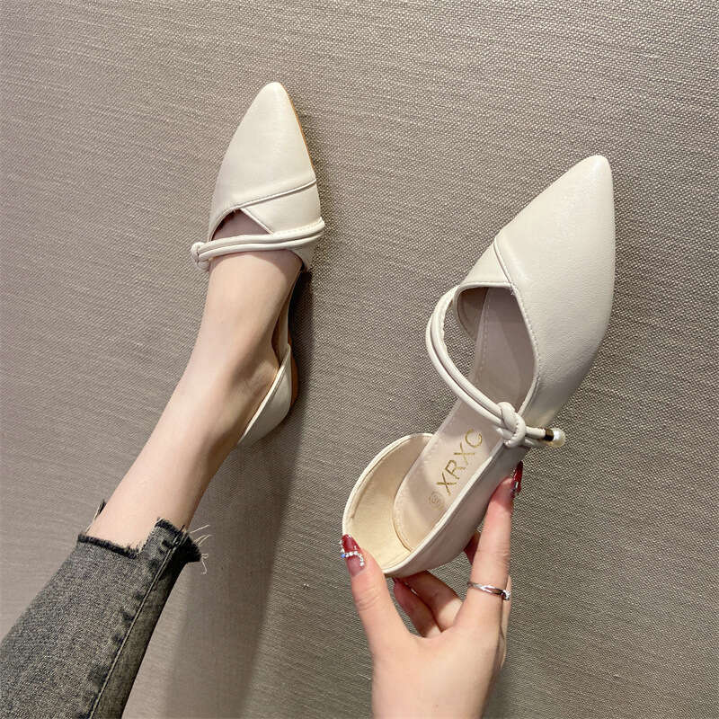 Fairy Style Gentle Shallow Mouth Single Women's Korean Version Spring New Item Pearl Leather Soft Sole Side Hollow Pointed Flat Bottom Scoop Shoe