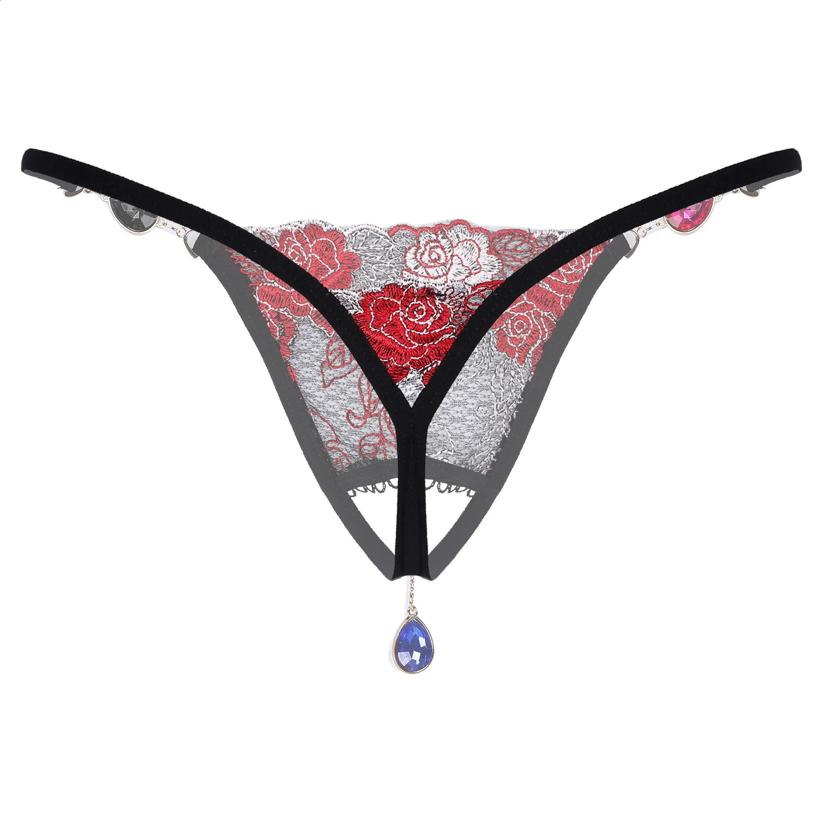 Mens Sexy Lingerie Thongs Rhinestone Pendant Flower Embroidery Underpants Open Butt Sissy Panties Jockstrap Tback Erotic Briefs 241105