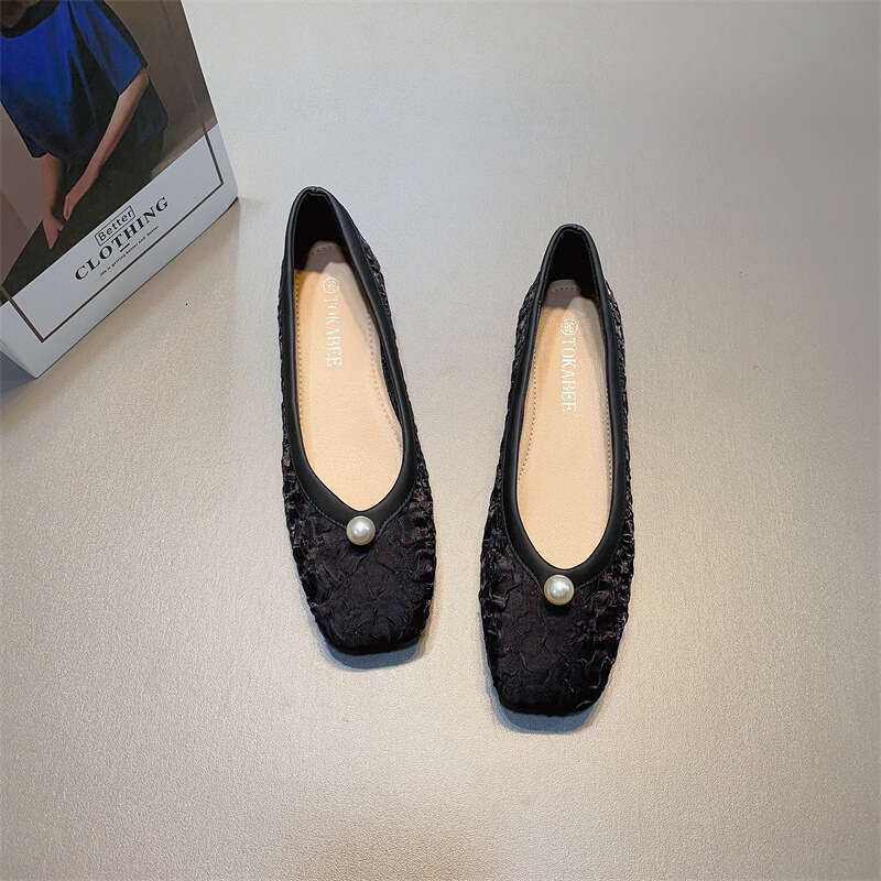 Pearl Decoration Shallow Mouth Low Heel Silk Single For Women's Spring And Summer New Korean Version, One Foot Soft Sole Square Toe Versatile Sco