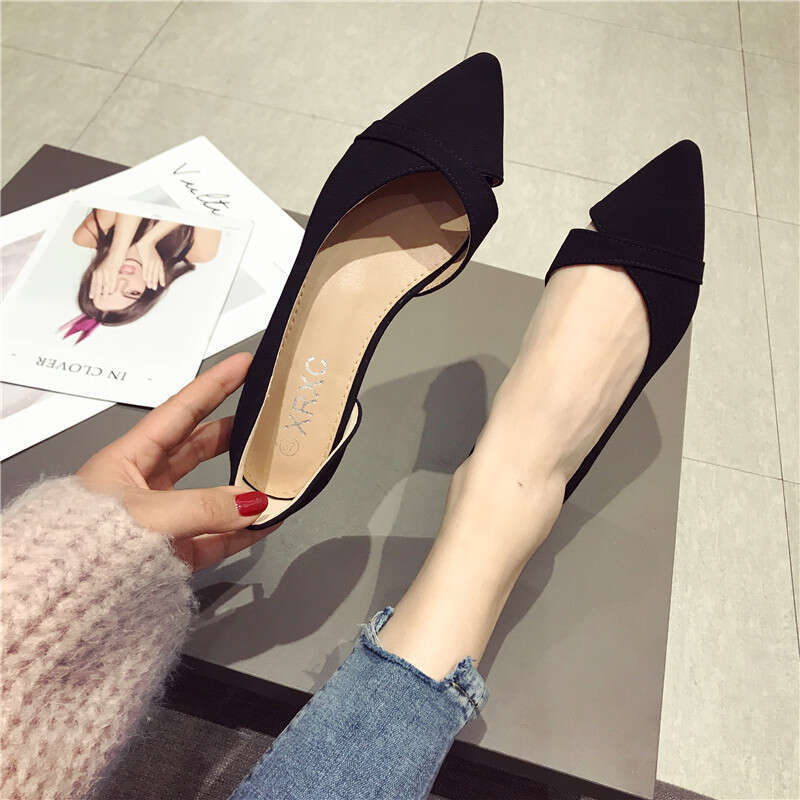 Comfortable And Versatile Pointed Shallow Mouth Black Suede With Soft Soles That Are Not Tiring, Flat Bottomed Professional Work Shoes For Women'