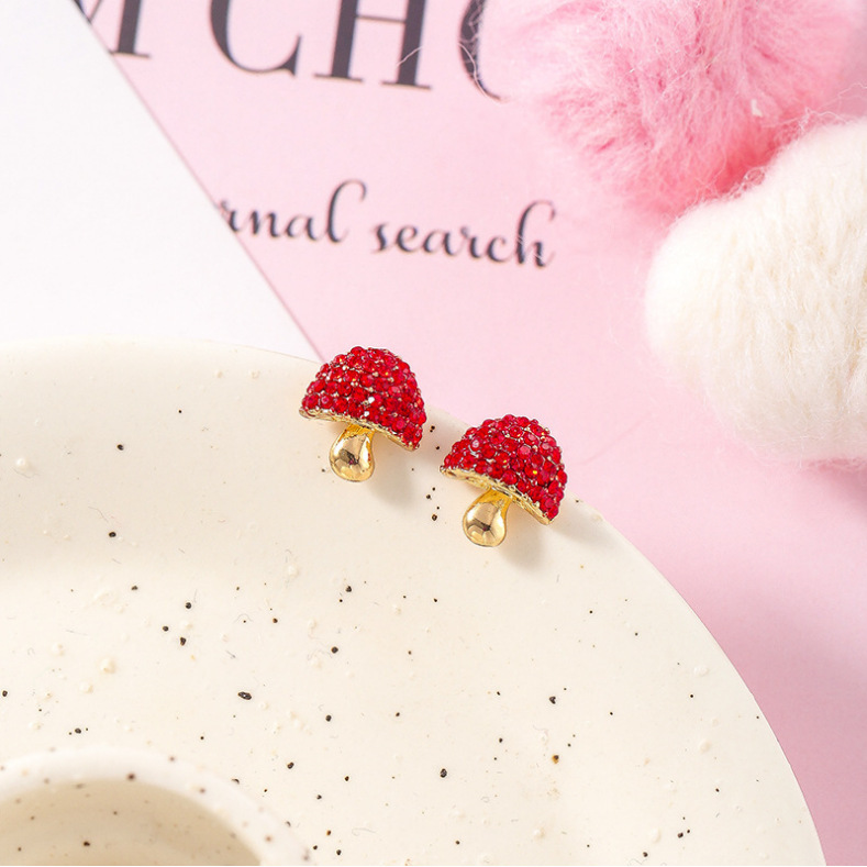 Stud earrings Red cherry strawberry S925 silver needle Stud girly fruit flower temperament crystal earrings red diamond earrings exquisite gift
