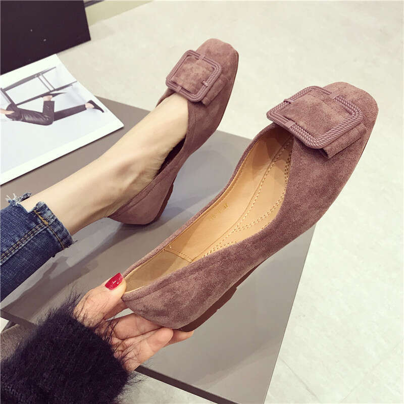 2023 Autumn New Versatile Buckle Square Toe Sole Single Suede Soft Soled Flat Heel Bean Women, Scoop Shoes For Women