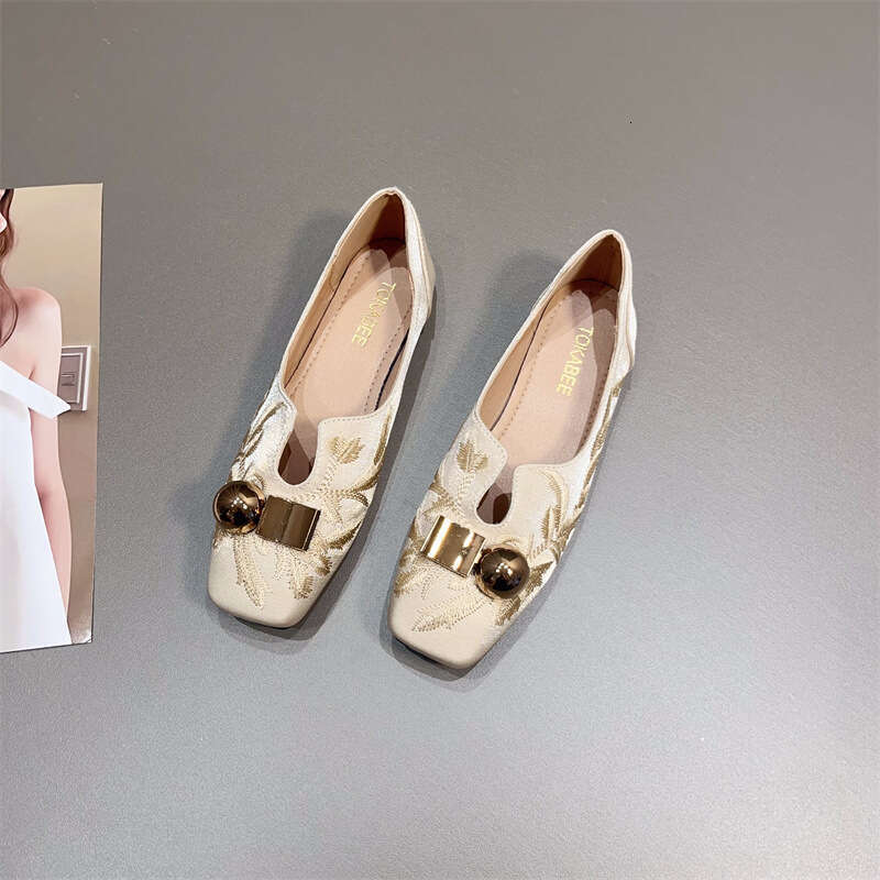French Embroidery Square Toe Single Shoe Women's Korean Version New Spring And Summer Shallow Mouth Flat Bottomed One Foot Soft Soled Bean Shoes