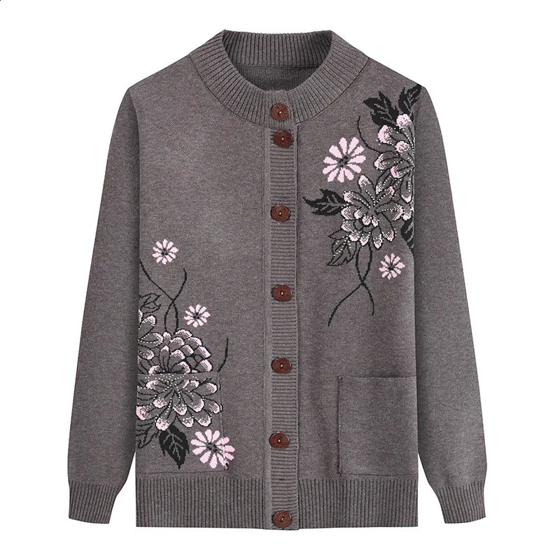 Print MiddleAged Elderly Mothers Autumn Winter LongSleeve Sweater Women Knitted Bottoming Shirt Grandma Cardigan Mujer 241105