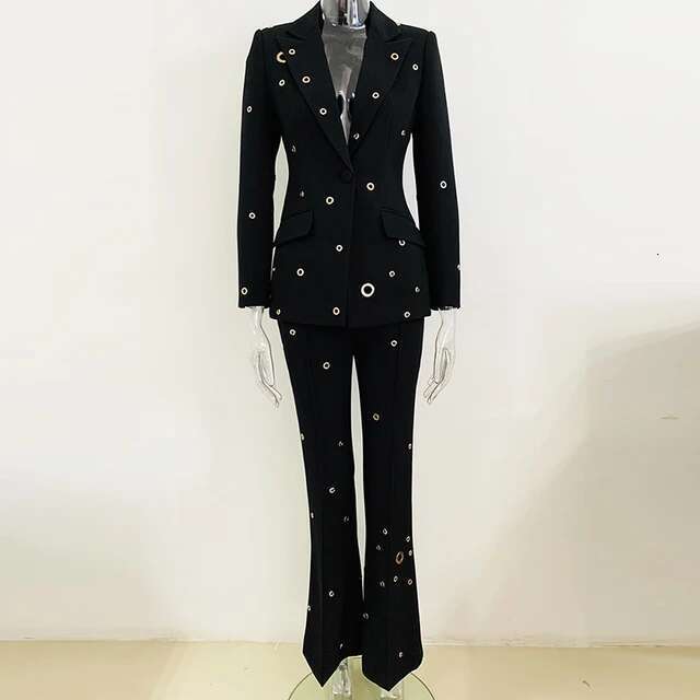 High quality latest designer fashion runway set women's slim fit single button eyelets lapel suit long pants luxury set 2 pieces, party dinner se