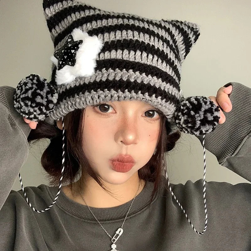 Y2K Cute Star Devil Knitted Beanie Hat Ins Skullies Striped Knitting Wool Cap Autumn Winter Cat Ears Pointed Pullover Women Hats 241105